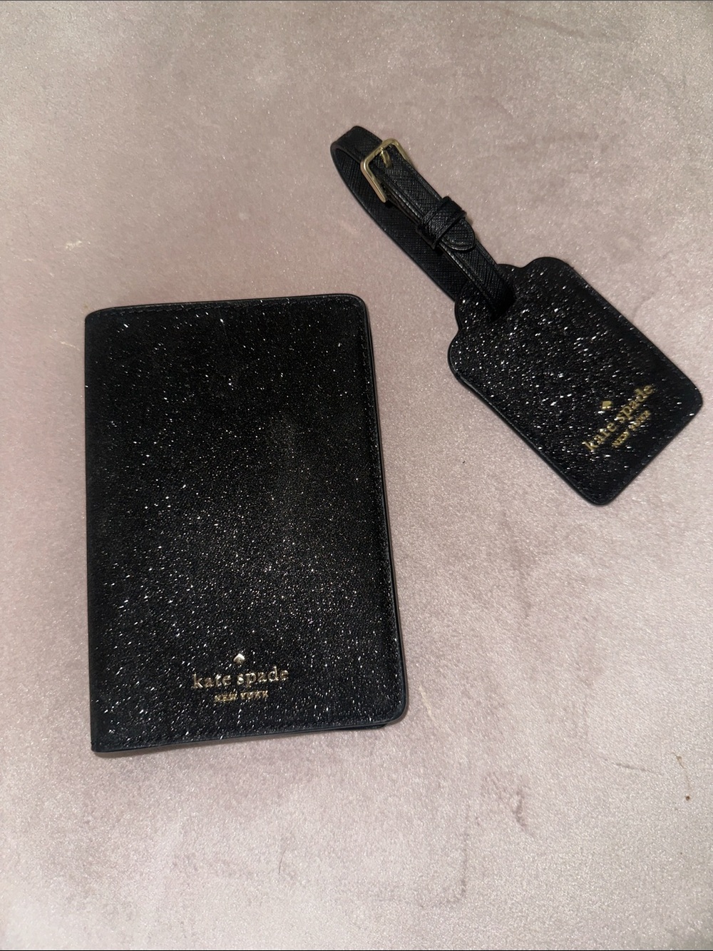 kate spade black glitter passport cover and matching luggage tag